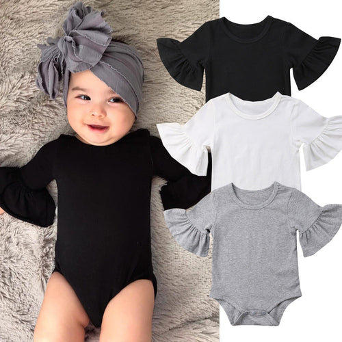 Autumn 0-24M Newborn Infant Baby Girl Cotton Rompers Flare Sleeve Solid Jumpsuits Outfits Baby Clothes Black White Grey - Vineze ™