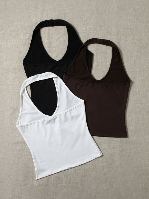 Chic Trio: Backless Elegance with 3pcs Solid Halter Tops