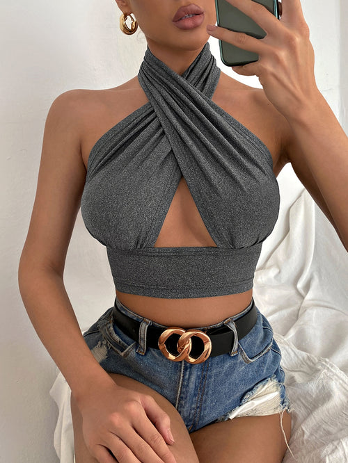 Chic Confidence: Solid Cross Crop Halter - Elevate Your Style with This Trendsetting Wardrobe Essential
